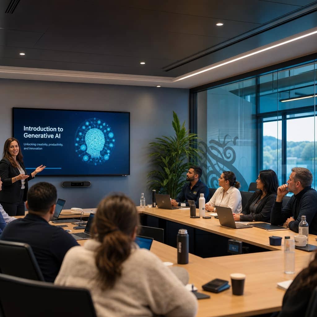 Business professionals discussing AI strategy with a GetStarted advisor