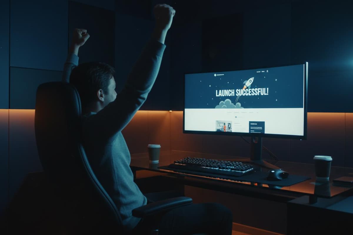 Workshop success - person celebrating with launch successful screen